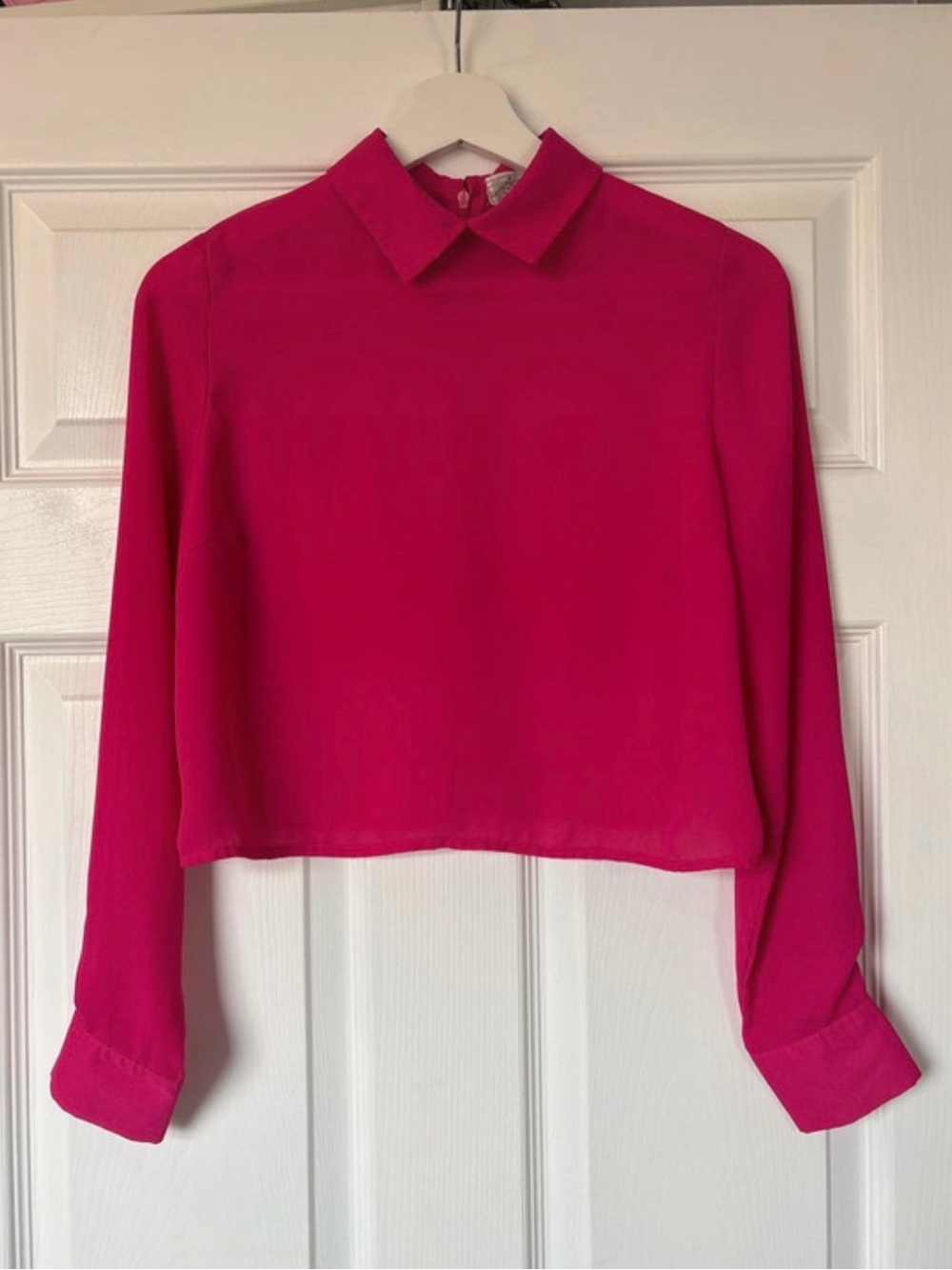 Size S Cropped Collared Long-Sleeve Blouse - Bright Pink